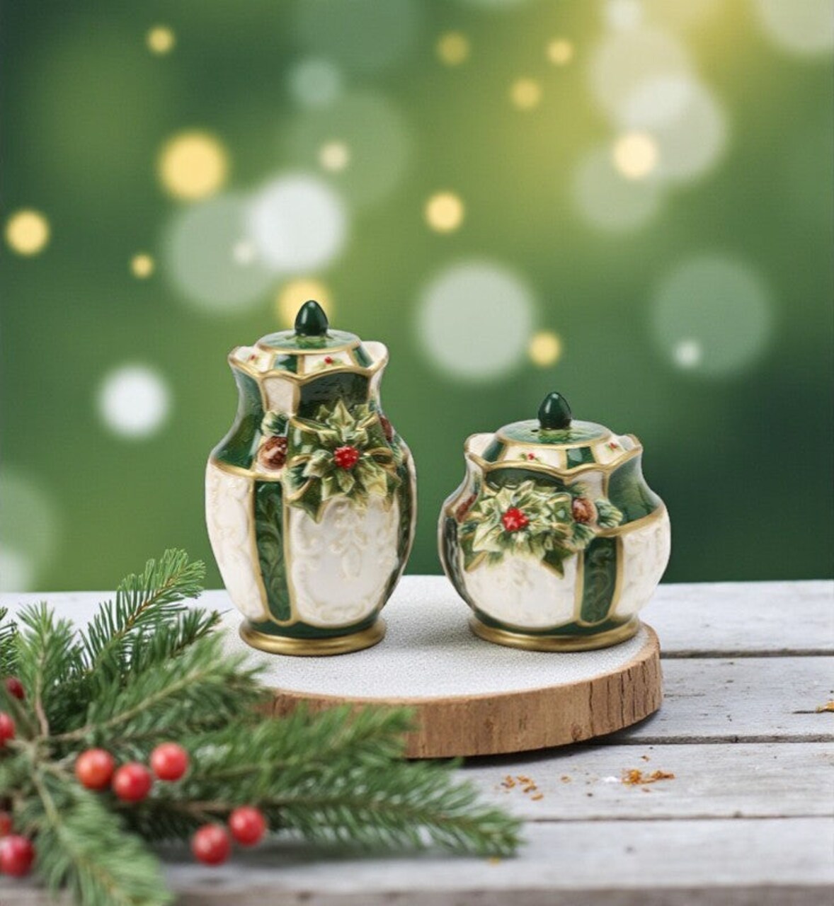 Christmas Decor Ceramic Holly Salt & Pepper Shakers, Home Décor, Gift for Her, Gift for Mom, Kitchen Décor